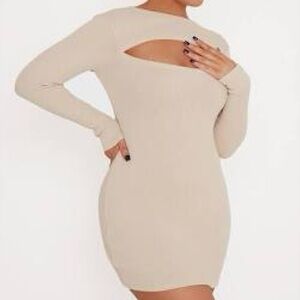 NWT Pretty Little Thing Beige Ribbed Long Sleeve Mini Dress with Cut Out Detail